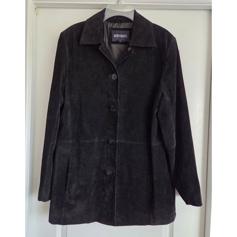 VTG Bernardo Black Genuine Leather Suede Button Front Jacket Coat Women Size L